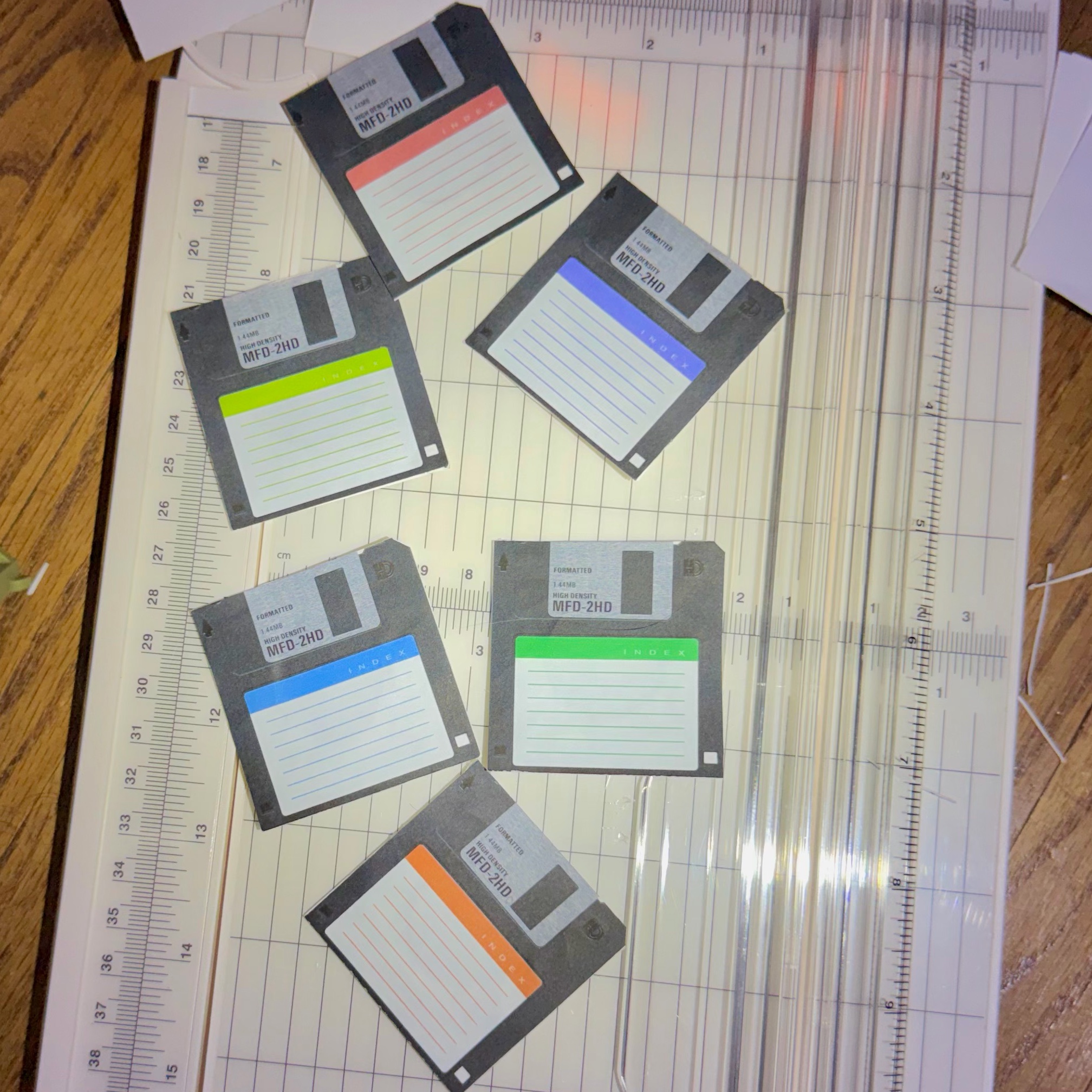 DIY faux floppy disks on a paper cutter